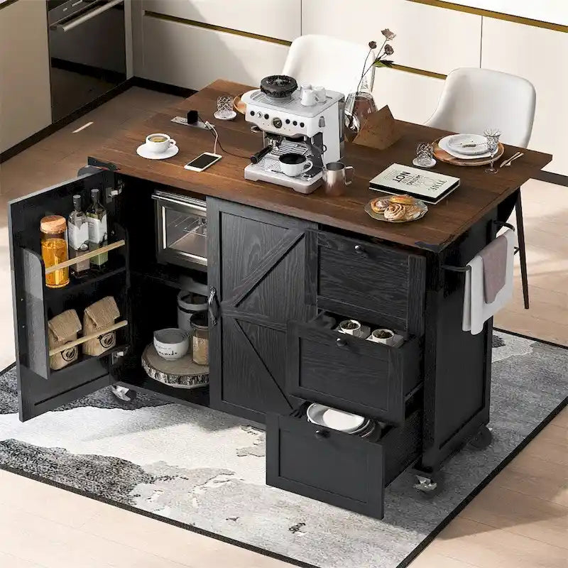54.5Wood Rolling Kitchen Island w/ Power Outlet,Internal Storage Rack