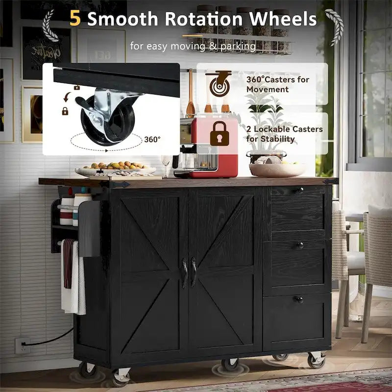 54.5Wood Rolling Kitchen Island w/ Power Outlet,Internal Storage Rack