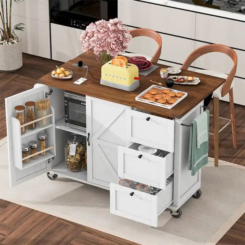54.5Wood Rolling Kitchen Island w/ Power Outlet,Internal Storage Rack