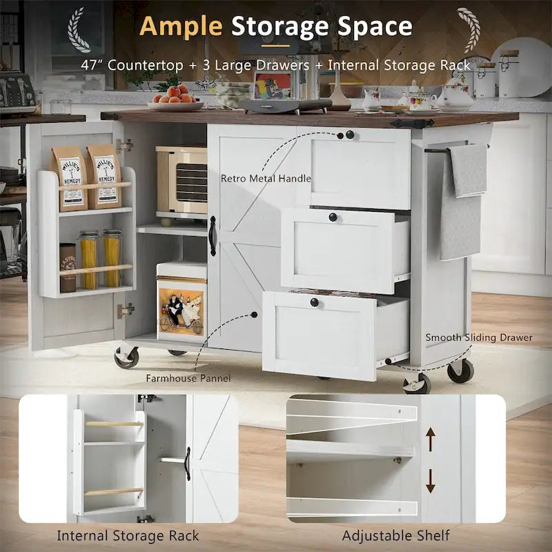 54.5Wood Rolling Kitchen Island w/ Power Outlet,Internal Storage Rack