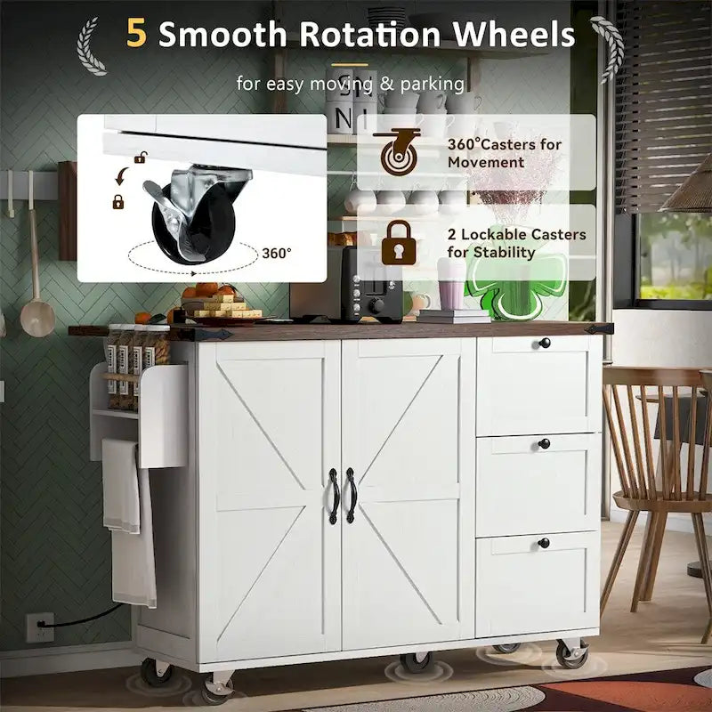 54.5Wood Rolling Kitchen Island w/ Power Outlet,Internal Storage Rack