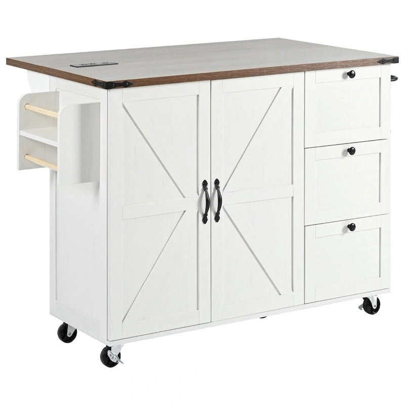54.5Wood Rolling Kitchen Island w/ Power Outlet,Internal Storage Rack