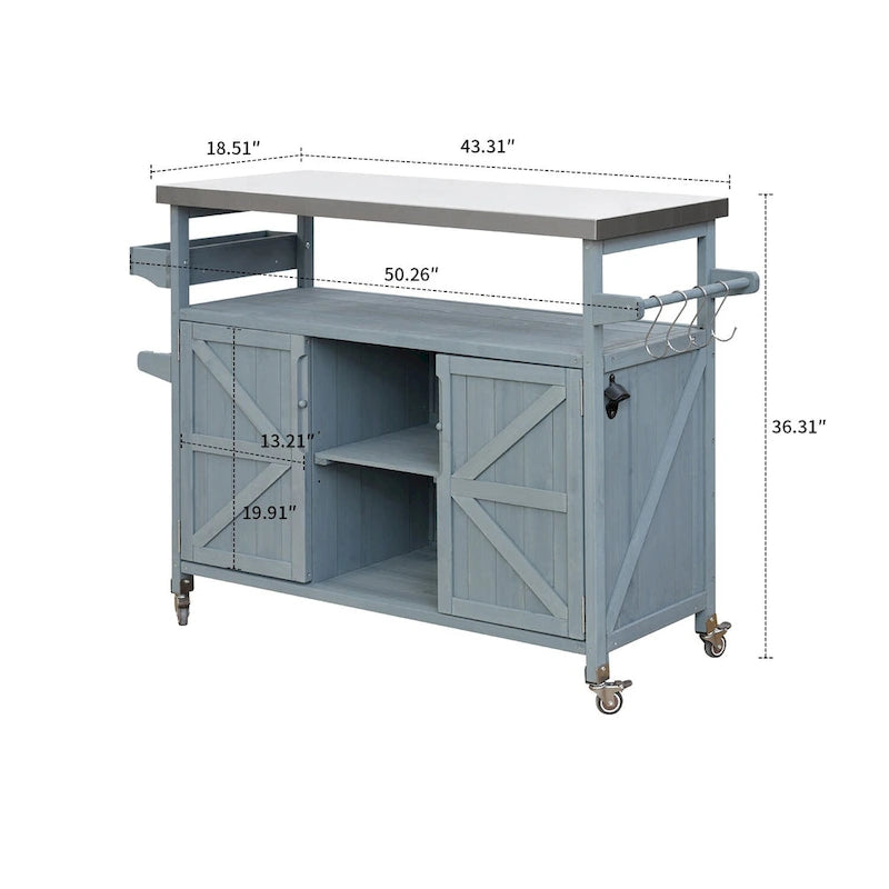 Vintage Stylish Wooden Kitchen Island with Stainless Steel Top, Indoor/Outdoor Use