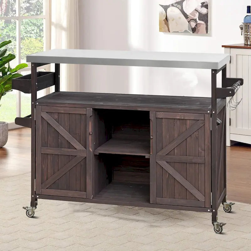 Vintage Stylish Wooden Kitchen Island with Stainless Steel Top, Indoor/Outdoor Use