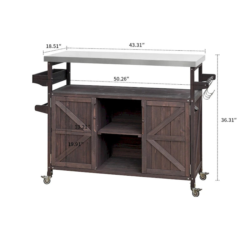 Vintage Stylish Wooden Kitchen Island with Stainless Steel Top, Indoor/Outdoor Use