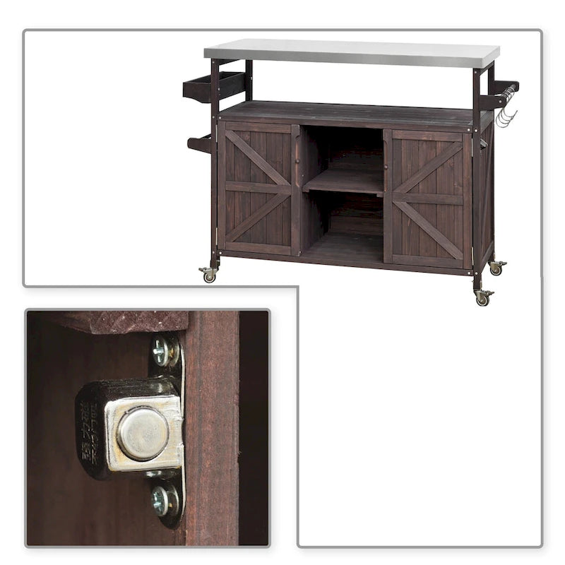 Vintage Stylish Wooden Kitchen Island with Stainless Steel Top, Indoor/Outdoor Use