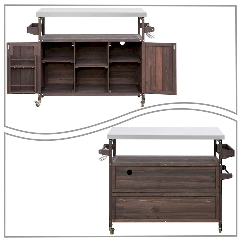 Vintage Stylish Wooden Kitchen Island with Stainless Steel Top, Indoor/Outdoor Use